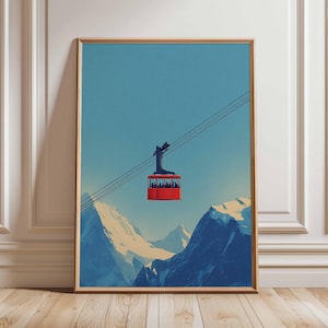 Affiche imprimée d'art en gondole de ski rouge, affiche de ski graphique minimaliste, décoration murale de voyage en montagne, cadeau unique