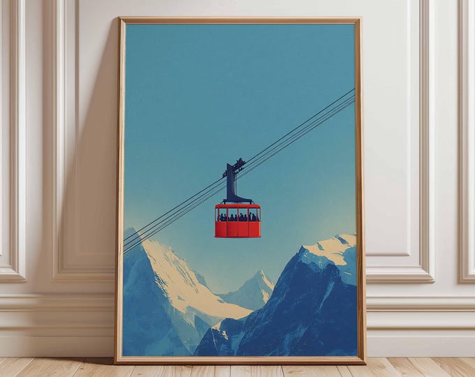 Red Ski Gondola Art Print Poster, Minimalist Graphic Ski Poster, Mountain Travel Wall Decor Unique Gift