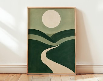 Puede incluir: Una lámina de arte enmarcada que presenta una ilustración de paisaje con un gran círculo color crema que representa un sol o una luna sobre colinas onduladas en varios tonos de verde salvia y bosque, con un camino sinuoso color crema.