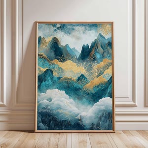 Golden Mountain Landscape Poster, Abstract Art Print, Blue and Gold Nature Scene, Contemporary Mountain Art, Nature Decor, Tranquil Wall Art