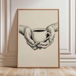 Coffee Poster Minimalist Black and White Wall Art Hands Holding Coffee Cup Kitchen Cafe Print