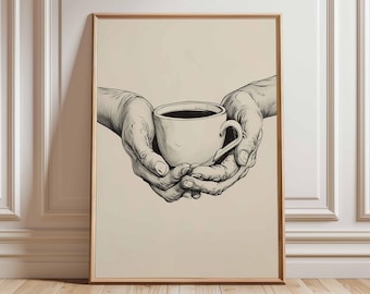 Coffee Poster Minimalist Black and White Wall Art Hands Holding Coffee Cup Kitchen Cafe Print