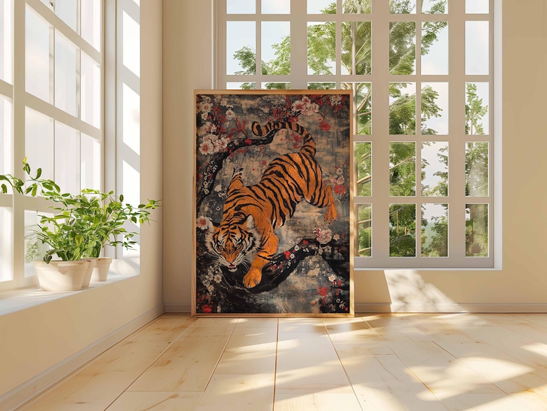 Tiger i blom – Fantastisk tigerkonstverk, natur- och tigerillustration, konst av vildkatt och körsbärsblommor, japanskinspirerat djurtryck bild 2