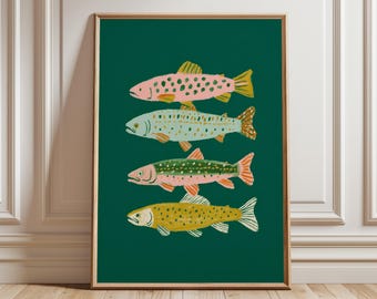 Colorful Fish Wall Art, Whimsical Ocean Poster, Modern Coastal Print for Beach House and Nautical Home Decor
