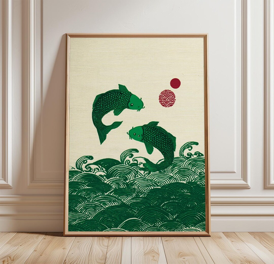 Green Koi Fish Wall Art Poster | Japanese Minimalist Ocean Print | Bold ...