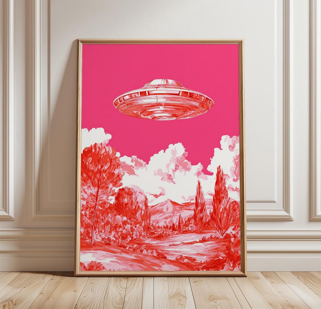 UFO Poster, Sci Fi Wall Art Print, Retro Space Alien Artwork, Pink ...