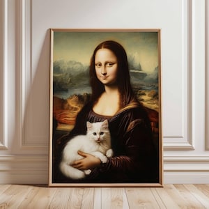 Mona Lisa with Cat Print – Classic Art, Mona Lisa with White Cat, Renaissance Art, Timeless Beauty with a Modern Twist, Mona Lisa Poster