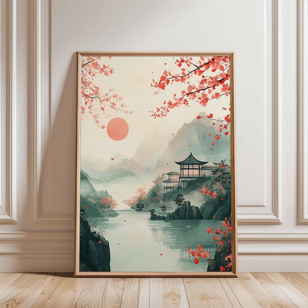 Japanese Landscape Wall Art, Cherry Blossom Temple Poster, Tranquil Sunrise Lake Print for Peaceful Home Decor