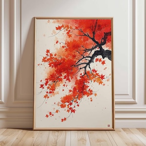 Japanese Maple Poster, Autumn Leaves Wall Art, Red Orange Foliage Print, Asian Nature Painting, Zen Botanical Artwork, Fall Season Decor