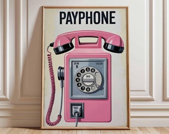 Póster con impresión artística de teléfono de disco rosa, pintura de arte pop retro, teléfono vintage, decoración de pared femenina, regalo único