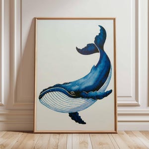 Blue Whale Wall Art Ocean Poster Coastal Decor Nautical Marine Life Print Sea Creature Artwork Beach House Wall Decor