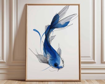 Blue Koi Fish Poster, Minimalist Japanese Wall Art, Elegant Aquatic Print for Modern Home Decor