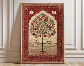 May include: Framed artwork depicting a stylized tree with red and orange pomegranates. The tree is set against a cream backdrop within a red border with floral patterns. The artwork is displayed in a wooden frame.