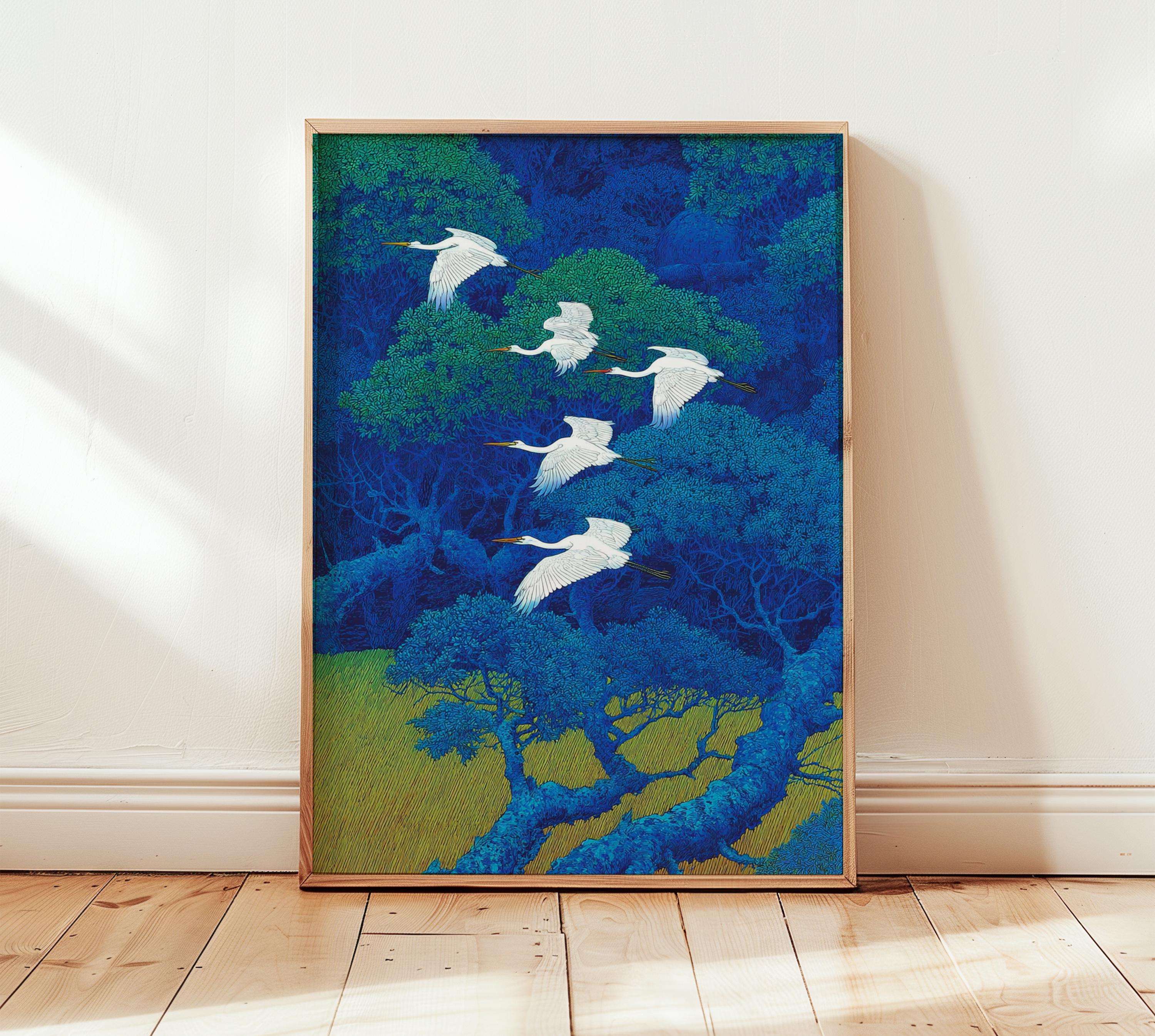 展示美品 TIME＆STYLE night bird シングル Dark Forest Crane Birds Art Print, Deep Blue Nature Poster