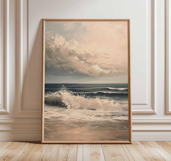 Ocean Wave Poster, Seascape Wall Art, Coastal Beach Print, Tranquil Sea Painting, Ocean Sunset Artwork, Nautical Marine Decor for Home
