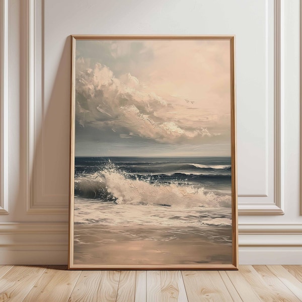 Ocean Wave Poster, Seascape Wall Art, Coastal Beach Print, Tranquil Sea Painting, Ocean Sunset Artwork, Nautical Marine Decor for Home