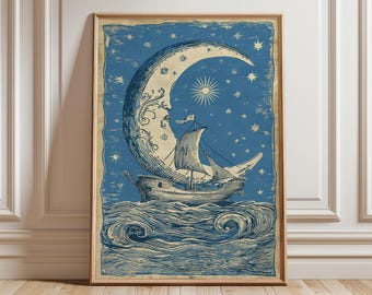 Moon Boat Poster, Celestial Ship Illustration, Nautical Fantasy Art Print