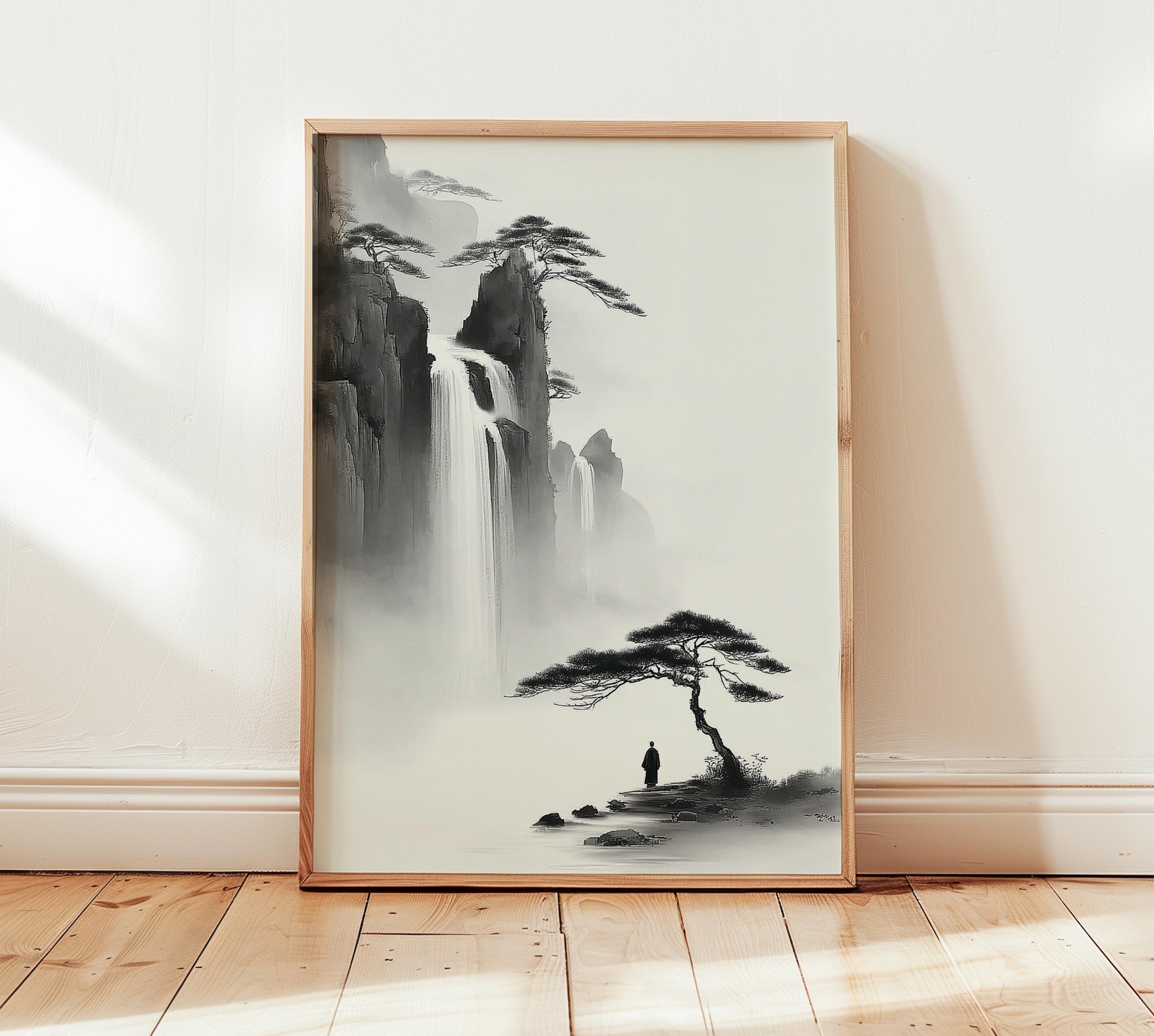 Japanese Ink Landscape Art Print, Zen Waterfall Painting, Minimal Black ...