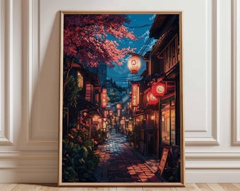Serene Tokyo Night Print, Cherry Blossom Poster, Japan Street Art