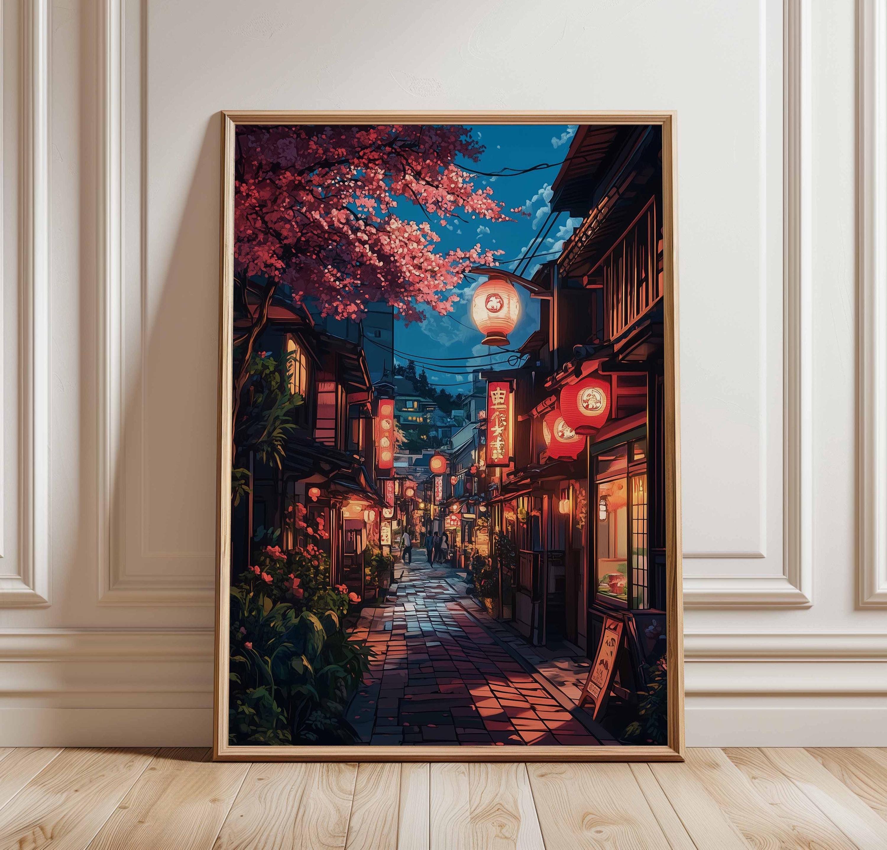 Serene Tokyo Night Print, Cherry Blossom Poster, Japan Street Art