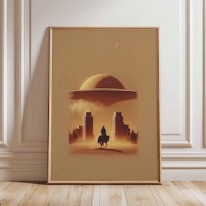 Cowboy and UFO Poster Print, Retro Sci-Fi Western Wall Art, Surreal Desert Landscape, Alien Spaceship Artwork, Futuristic Western Decor