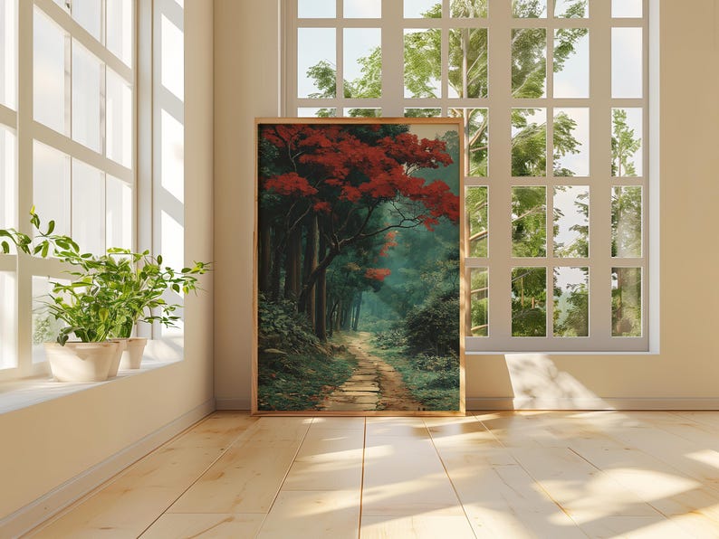 Forest Path Poster, Japanese Style Print, Red Maple Tree Wall Art ...
