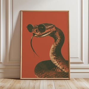 Snake Poster, Retro Orange Wall Art, Sunglasses Snake Print