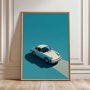 Classic Porsche 911 Poster, Retro Car Wall Art, Minimalist Sports Car Print, Vintage 80s Auto Illustration, Teal Background Automotive Decor