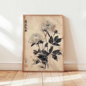 Vintage Chinese Floral Wall Art, Ink Peony Botanical Print, Minimalist Asian Flower Poster, Wabi Sabi Home Decor, Ukiyo-e Style Art