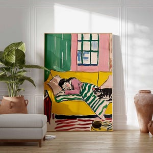 Cozy Bedroom Poster, Woman Sleeping Art, Cat and Couch Print, Colorful Room Wall Art, Relaxing Art Print, Modern Bedroom Poster image 3