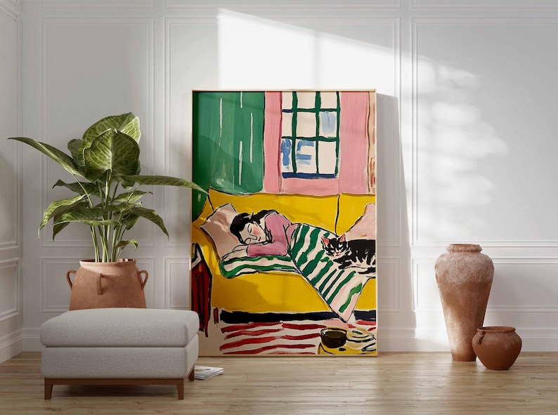 Cozy Bedroom Poster, Woman Sleeping Art, Cat and Couch Print, Colorful Room Wall Art, Relaxing Art Print, Modern Bedroom Poster image 3