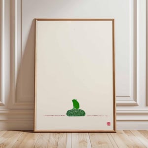 Minimalist Frog Art Print, Japanese Zen Frog Poster, Wabi Sabi Frog on Rock, Simple Green Frog Wall Art, Nature Meditation Decor