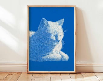 Blaue Katze Wand Kunst Druck, Minimalistisches Tier Poster, Moderne Katze Illustration Kunst, Haustier Liebhaber Wohnkultur, Zeitgenössische Katzen Druck