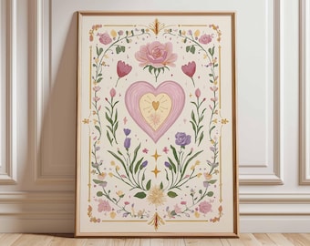Floral Heart Poster, Romantic Botanical Wall Art Print, Vintage Inspired Pink and Gold Heart Artwork, Whimsical Flower Illustration Decor
