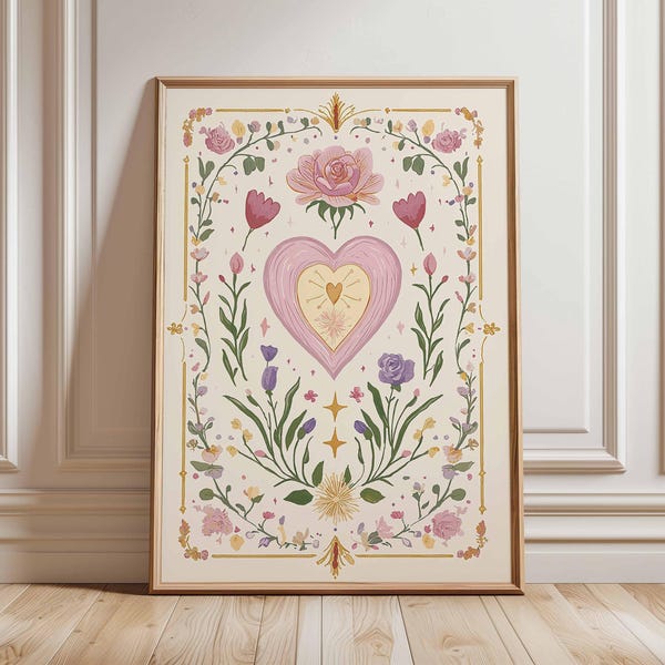 Floral Heart Poster, Romantic Botanical Wall Art Print, Vintage Inspired Pink and Gold Heart Artwork, Whimsical Flower Illustration Decor