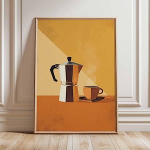 Puede incluir: Impresión artística enmarcada con una ilustración de temática cafetera. La obra representa una cafetera italiana plateada y una taza y platillo a juego, sobre un fondo cálido naranja y amarillo. Sale vapor de la cafetera.