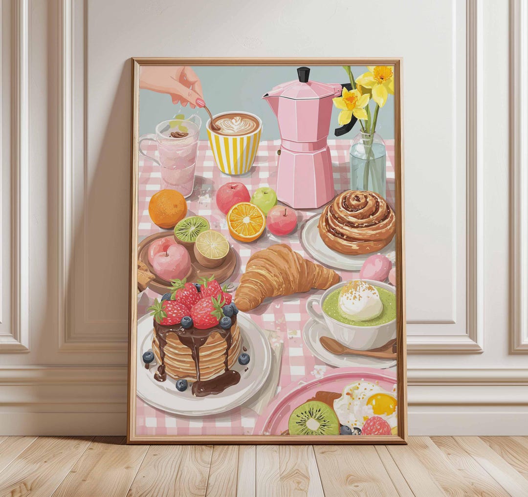 Breakfast Print Breakfast Table Poster, Pastel Kitchen Wall Art Print, Croissant and ...