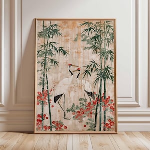 Japanese Crane Print, Oriental Bamboo Wall Art, Red Crowned Crane Poster, Traditional Asian Nature Decor, Unframed Elegant Artwork