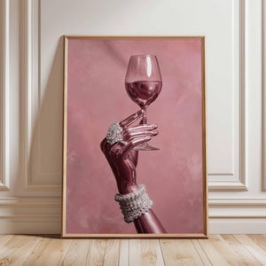 Pink Glam Wine Poster, Stylish Hand with Glass Wall Art, Modern Feminine Bar Decor, Luxury Aesthetic Print, Fashion Pop Art Style
