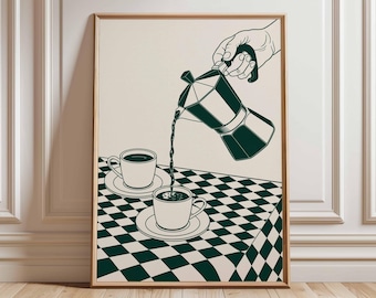 Poster di caffè italiano – Stampa artistica da parete con moka retrò, decorazione da cucina vintage con tazze, illustrazione di un caffè minimalista moderno