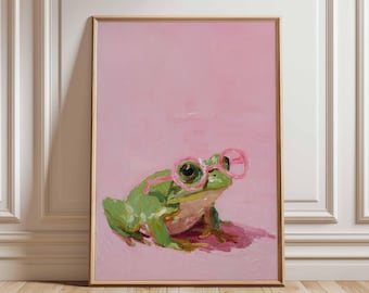 Cool Frog Art Print with Pink Glasses, Funny Amphibian Poster, Whimsical Frog Painting Wall Art in Playful Brushstroke Style