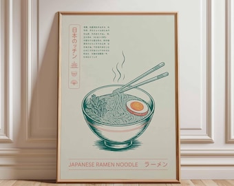 Japanese Ramen Noodle Poster – Retro Food Print, Asian Kitchen Wall Art, Minimal Line Drawing