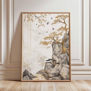 Póster de paisaje chino: Montaña con pinos y pájaros en el cielo. Pintura minimalista en tinta. Arte mural oriental. Impresión de naturaleza tranquila.