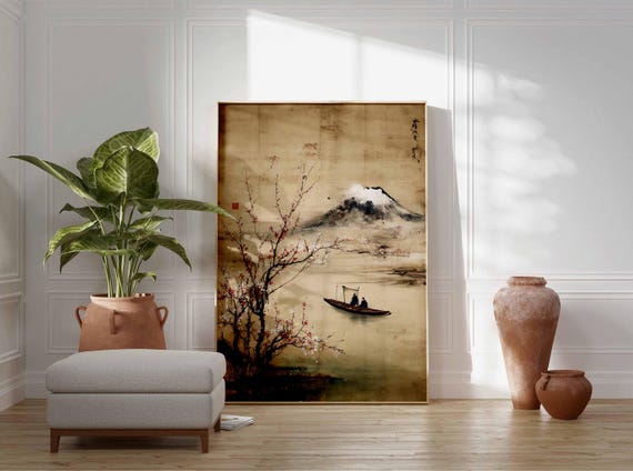 Vintage Japanese Landscape Poster, Mount Fuji Wall Art Print
