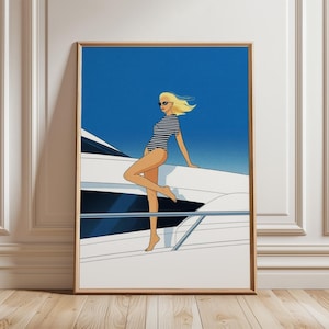 May include: Artwork depicting a person in a striped swimsuit and sunglasses, leaning on a yacht. The image has a blue sky and a wooden frame, suggesting a holiday theme. The person has blonde hair and is barefoot.
