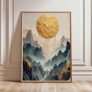 Golden Sun Mountain Poster, Chinese Landscape Art, Dramatic Ink Painting, Modern Art Print, Gold and Blue Mountain Decor