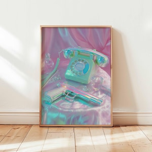 Poster olografico con pistola e telefono retrò – Arte murale estetica Vaporwave, stampa pop art surreale in stile pastello per un arredamento audace (senza cornice)