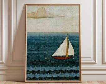 Póster de velero en el océano, arte mural costero, lámina náutica minimalista, decoración de paisaje marino, obra de arte vintage de navegación, póster para casa de playa