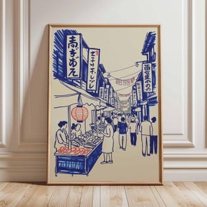 Tokyo Street Market Poster – Japanese Wall Art, Tokyo Travel Print, Vintage Japan Illustration, Asian Market Scene Artwork for Home Decor