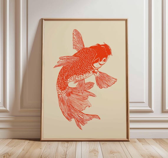 Stampa artistica di pesce rosso koi, poster minimalista giapponese